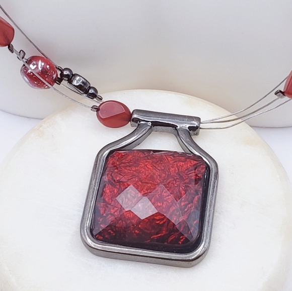 Ruby Red Gem Pendant with Ruby and Gunmetal Floating Beads Necklace - Picture 3 of 8